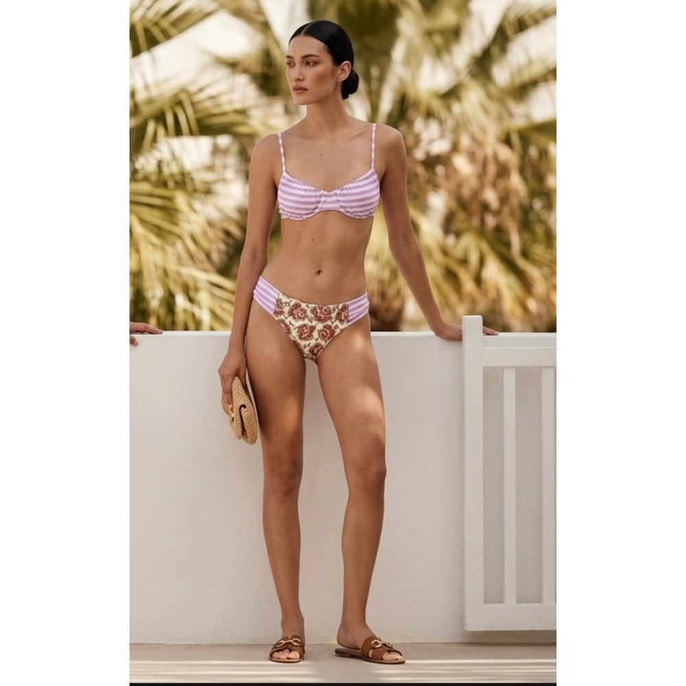 Seea Bikini Bottoms Women XS Purple Floral Striped Mixed Print Surf Swim